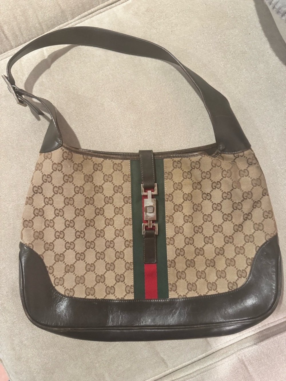 Gucci Jackie Original Web Shoulder Bag Leather and GG Canvas Medium